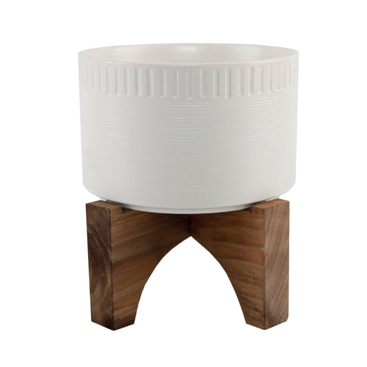 White Pressed Pleated Edged Planter On Wood Stand