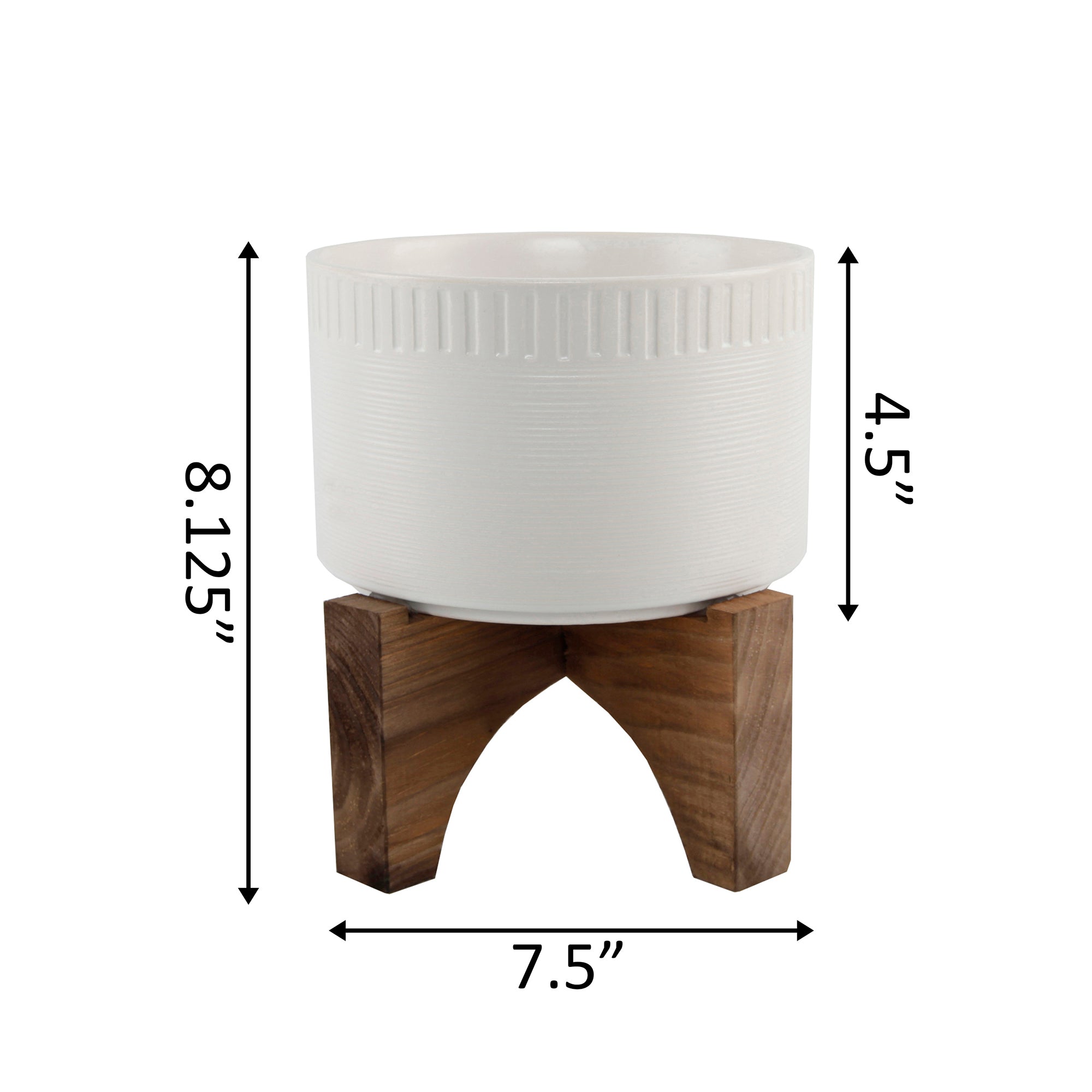  Flora Bunda White Pressed Pleated Edged Planter On Wood Stand - Matte White - Bonton