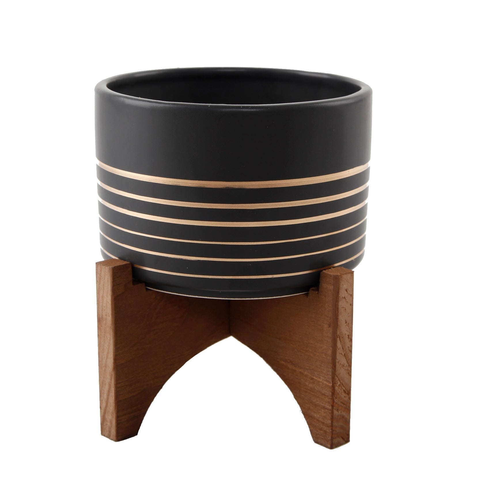  Flora Bunda Ceramic Planter with Gold Concentric Lines on Wood Stand - Black/Gold - Bonton