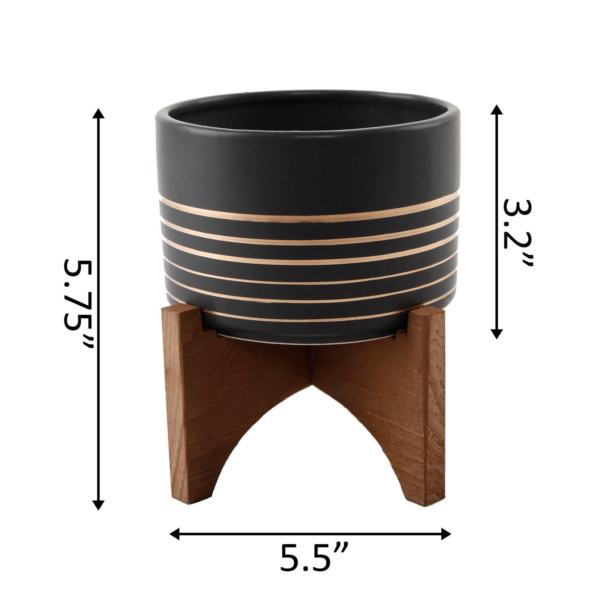  Flora Bunda Ceramic Planter with Gold Concentric Lines on Wood Stand - Black/Gold - Bonton