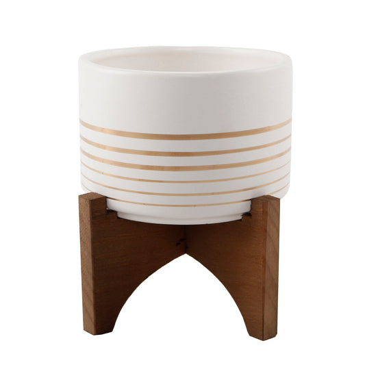 White with Gold Concentric Lines Planter On Wood Stand