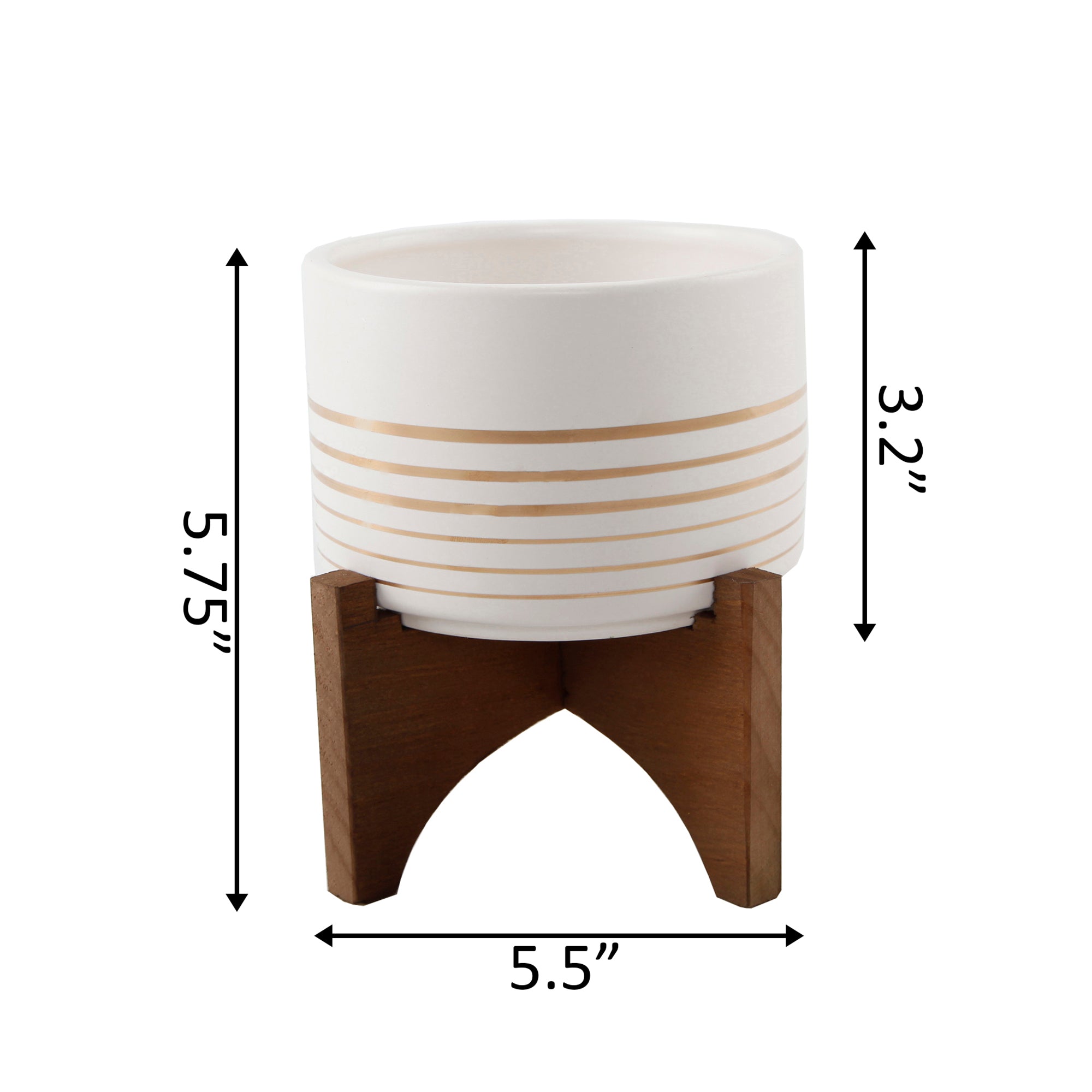  Flora Bunda White with Gold Concentric Lines Planter On Wood Stand - White/Gold - Bonton