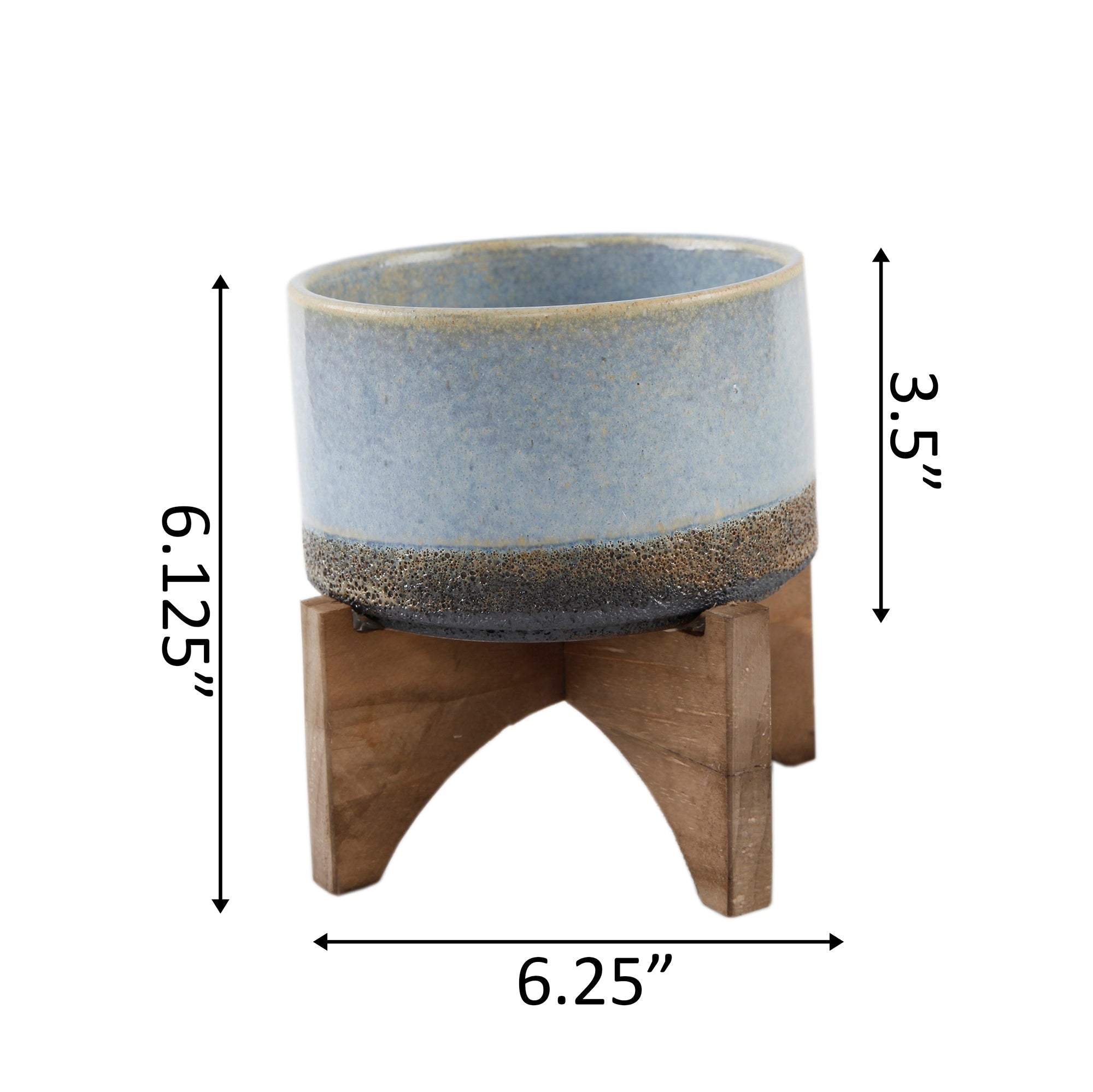  Flora Bunda Lava Ceramic Bowl On Wood Stand - Blue - Bonton