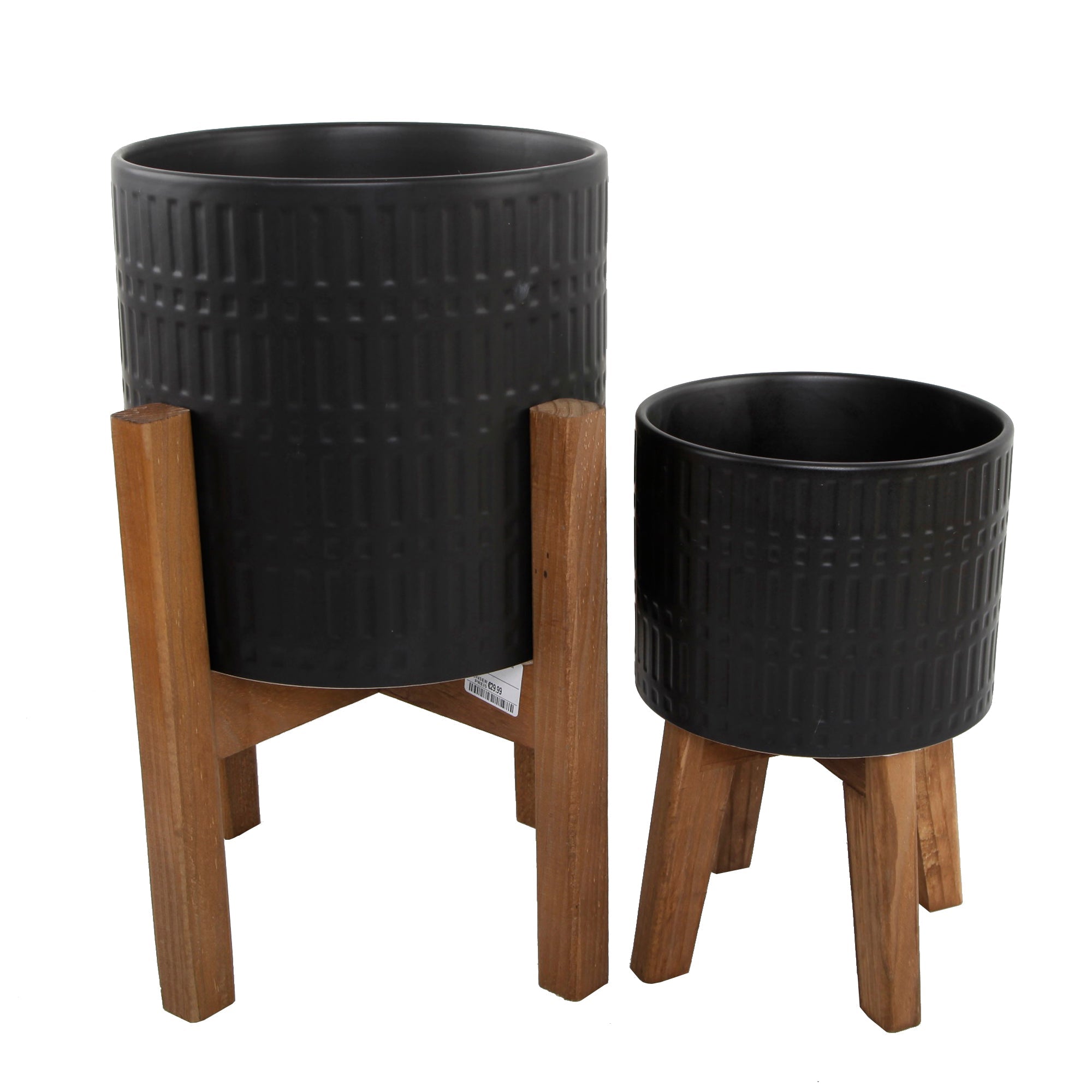  Flora Bunda Set Of Two Matte Black Ceramic Planters On Wood Stand - Matte Black - Bonton