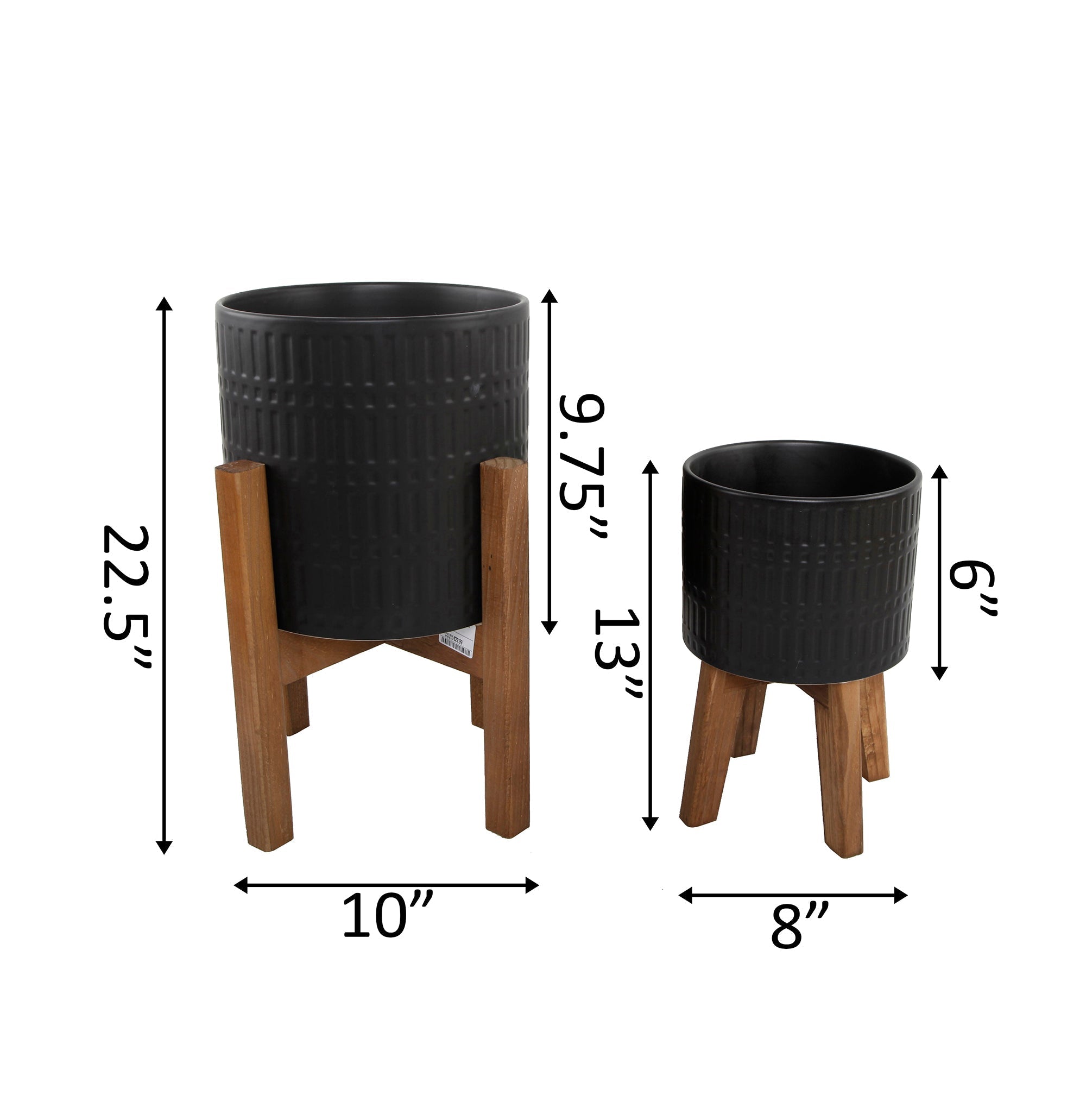  Flora Bunda Set Of Two Matte Black Ceramic Planters On Wood Stand - Matte Black - Bonton