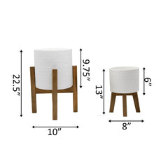 Set of 2 Matte White Ceramic Planter On Wood Stand