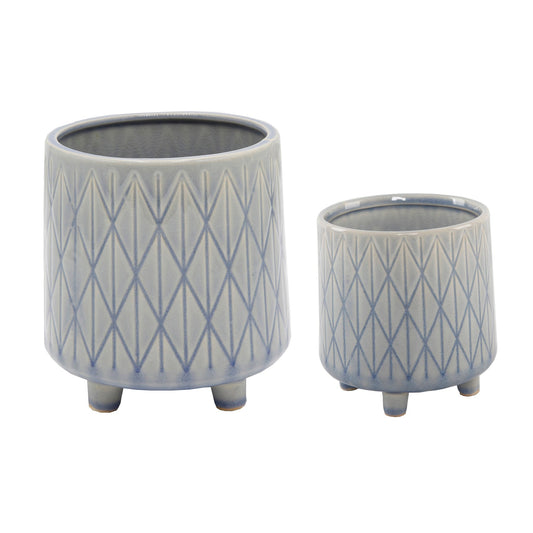 Set of 2 Washed Blue Lattice Ceramic Planters