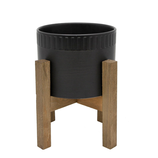 Matte Black Ceramic Ribbed Pot On Wood Stand