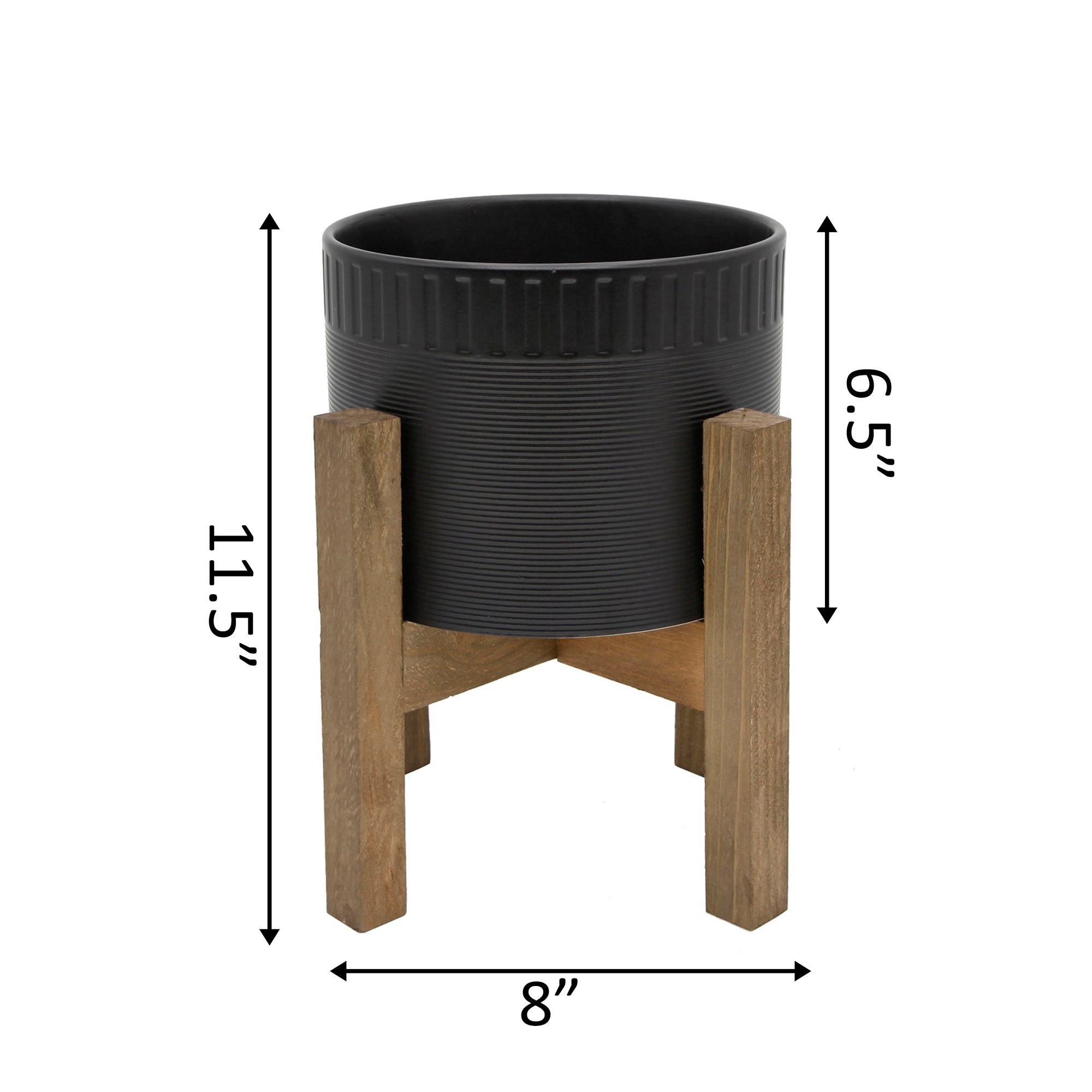  Flora Bunda Matte Black Ceramic Ribbed Pot On Wood Stand - Matte Black - Bonton