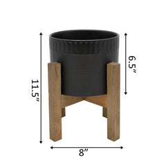 Matte Black Ceramic Ribbed Pot On Wood Stand