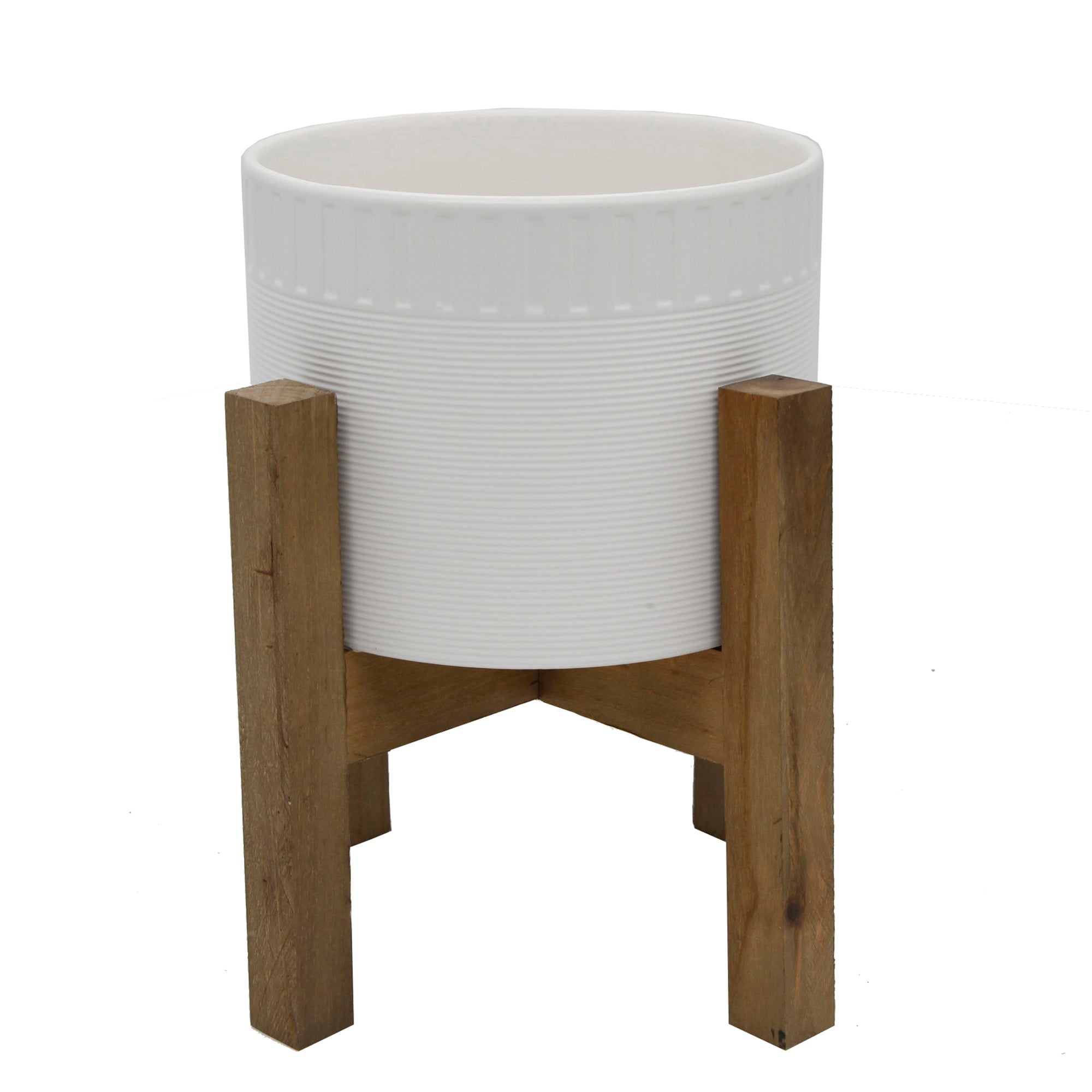  Flora Bunda Matte White Ribbed Ceramic Pot On Wood Stand - Matte White - Bonton