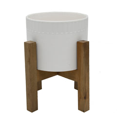 Matte White Ribbed Ceramic Pot On Wood Stand