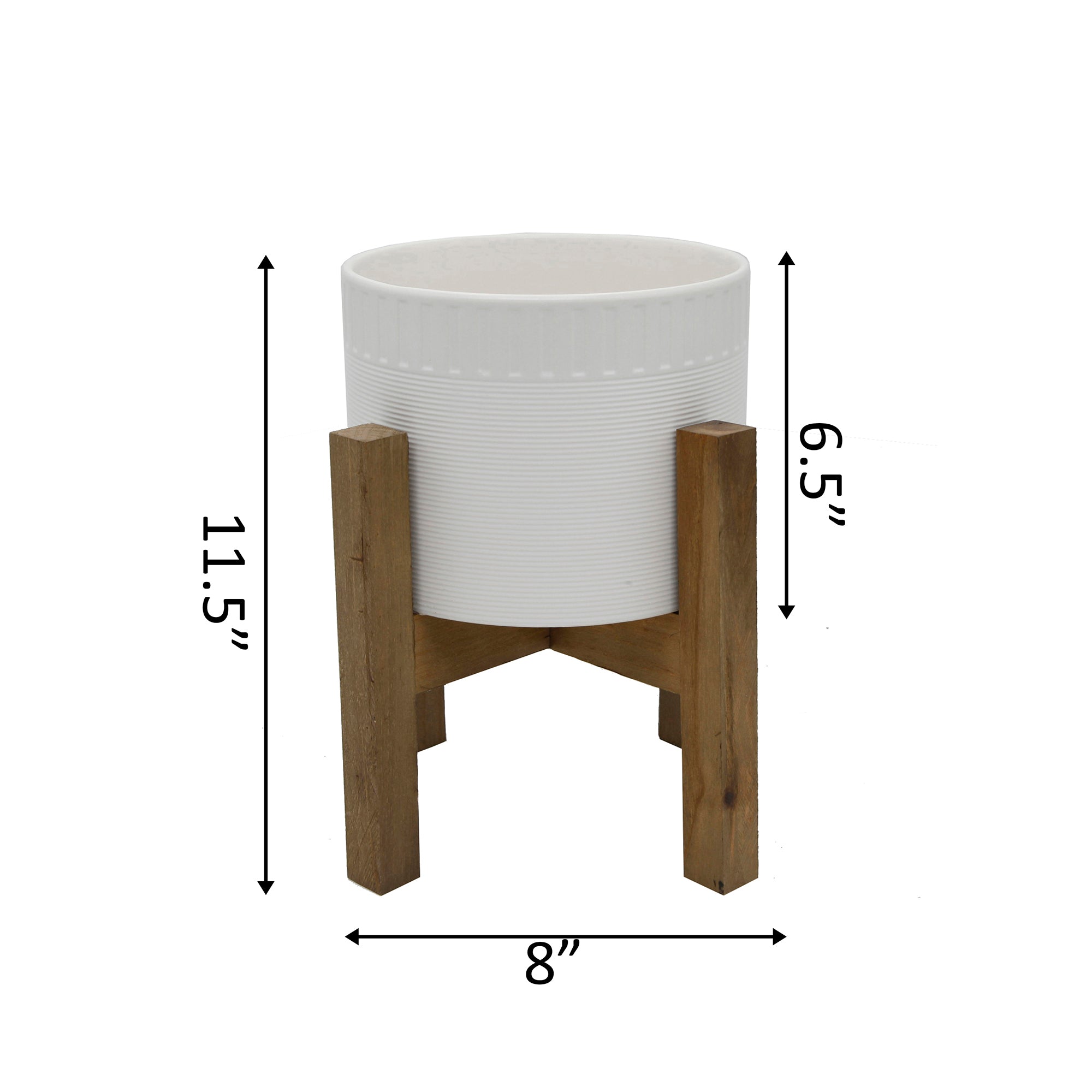  Flora Bunda Matte White Ribbed Ceramic Pot On Wood Stand - Matte White - Bonton