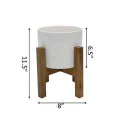 Matte White Ribbed Ceramic Pot On Wood Stand