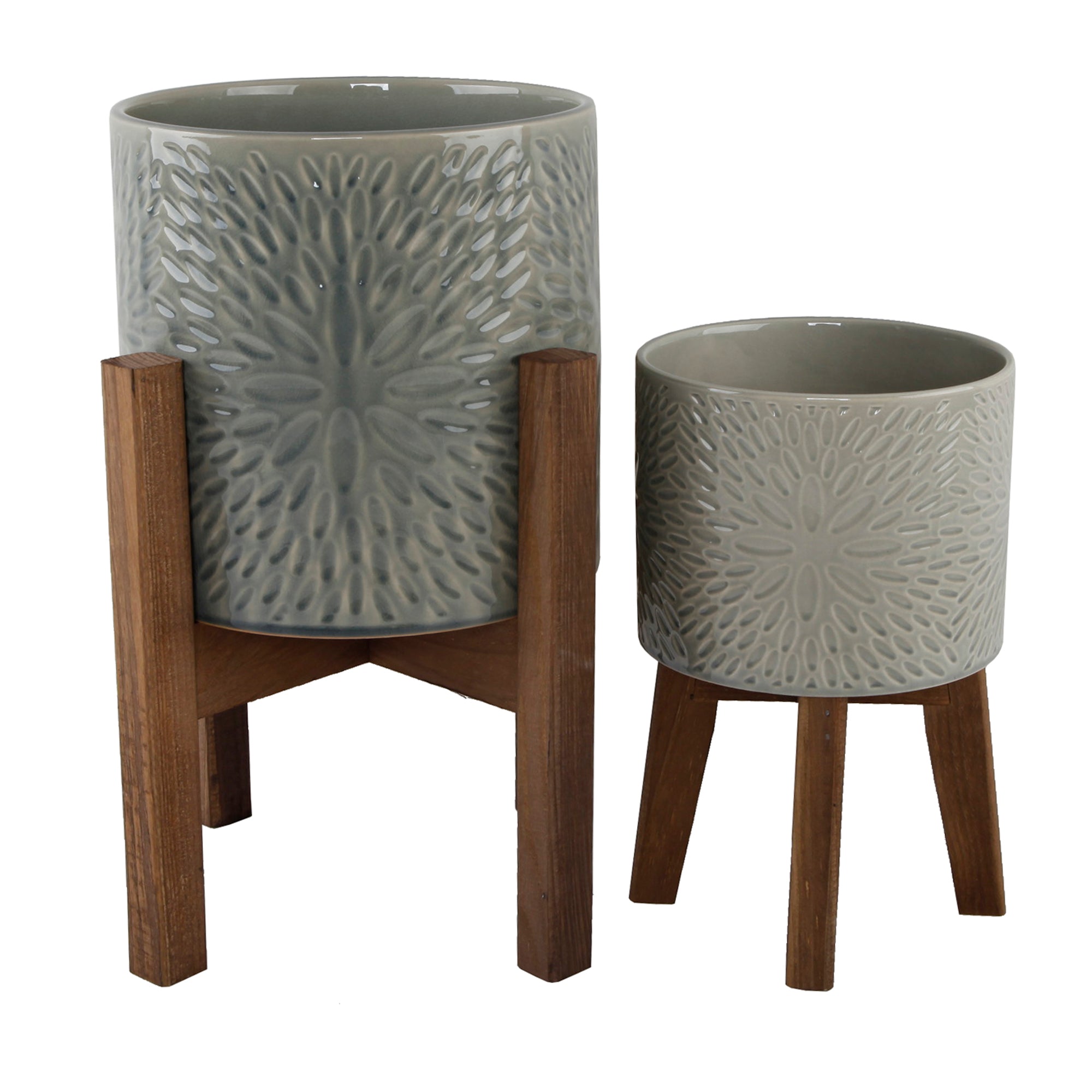  Flora Bunda Set Of 2 Radiating Sunburst Ceramic Planters - Olive Green - Bonton