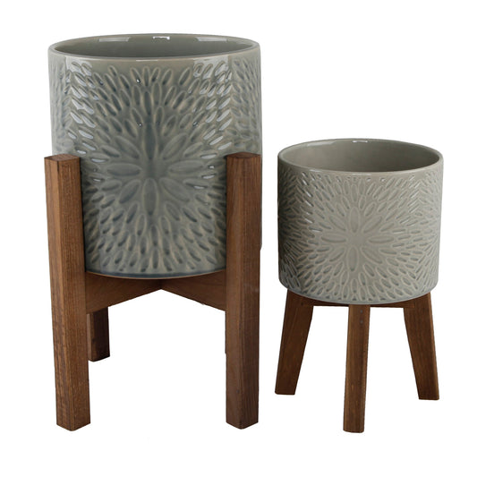 Set Of 2 Radiating Sunburst Ceramic Planters