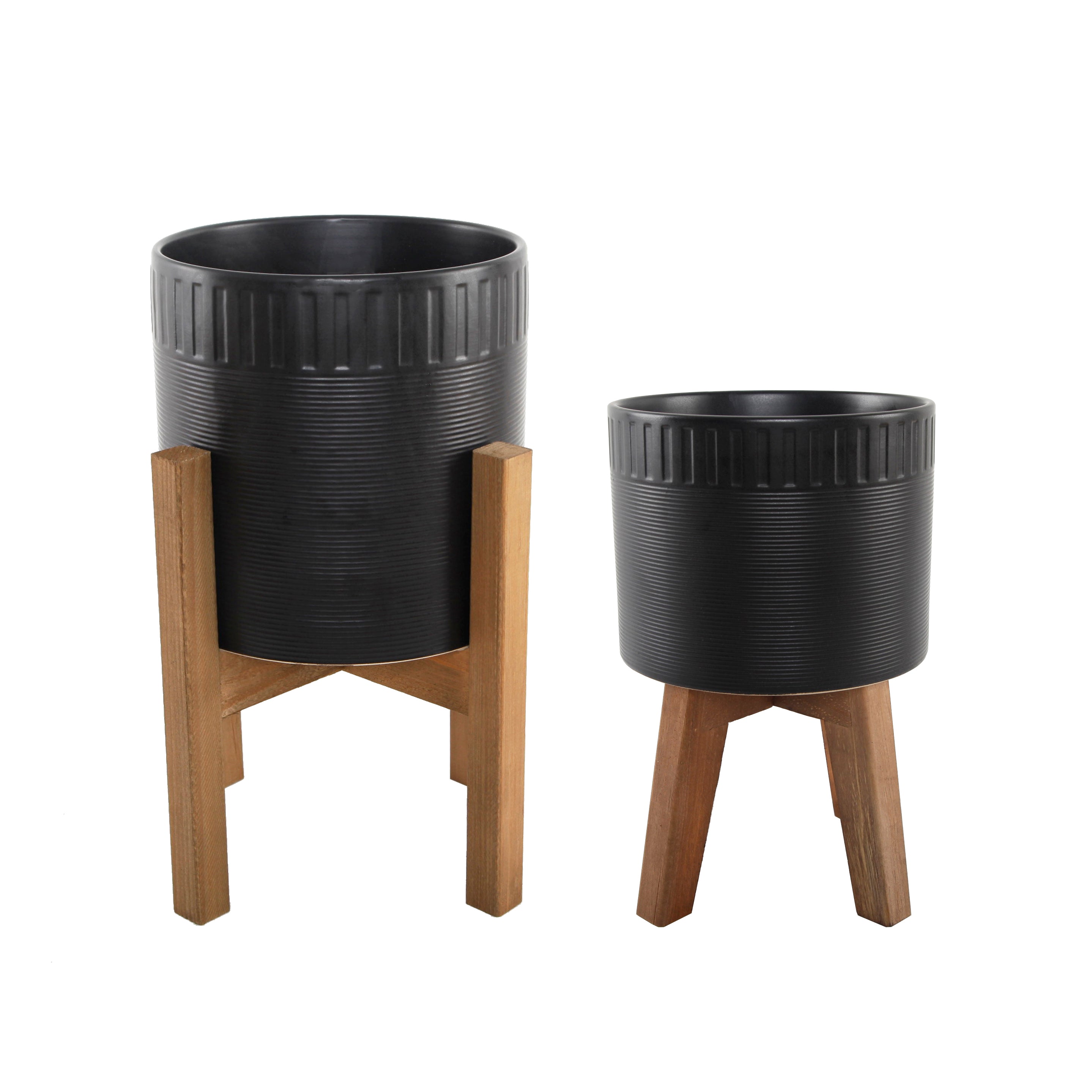  Flora Bunda Set Of 2 Black Pressed Edge Ceramic Planters On Stand - Matte Black - Bonton