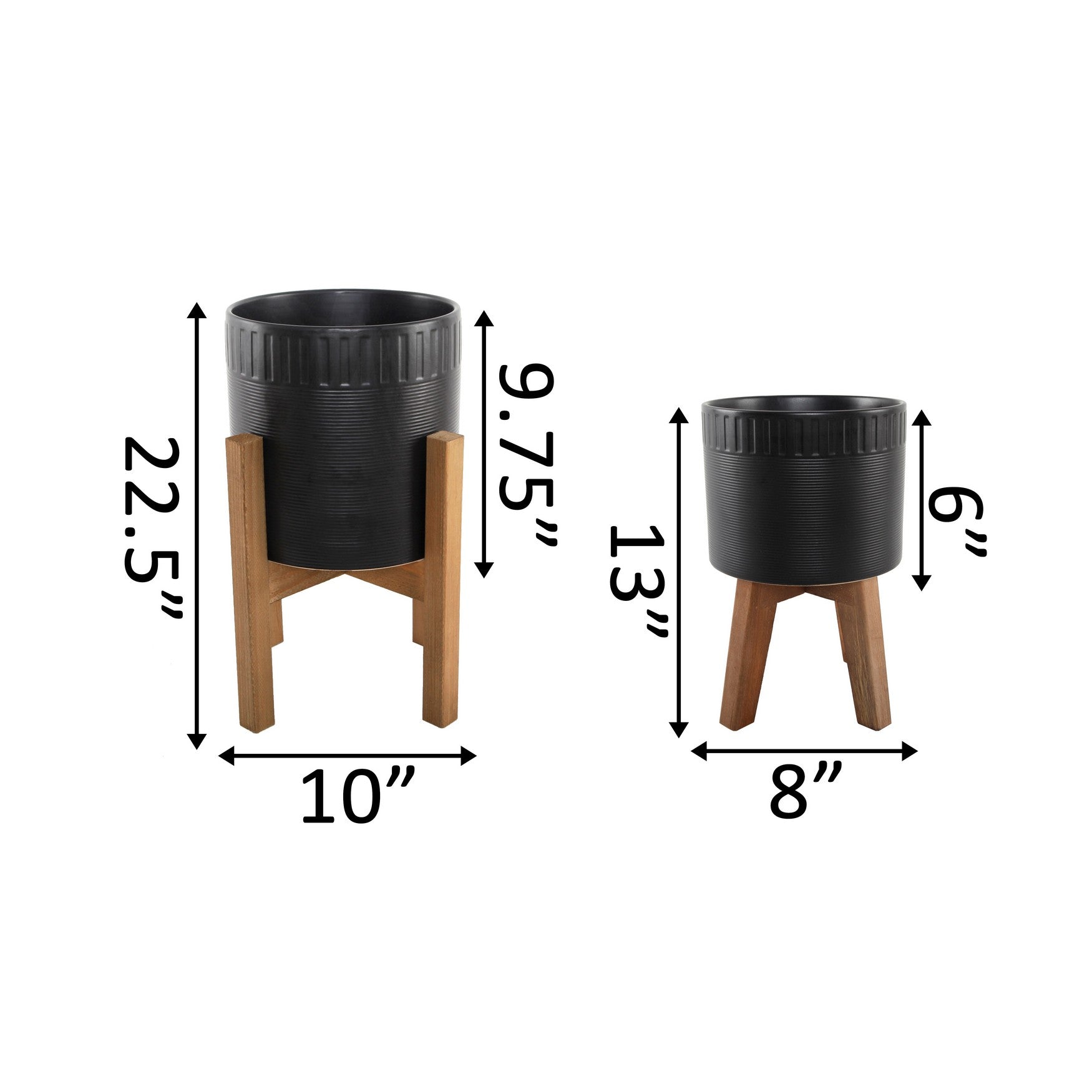  Flora Bunda Set Of 2 Black Pressed Edge Ceramic Planters On Stand - Matte Black - Bonton