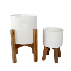 Set of 2 Matte Pressed Edge Ceramic Planters On Stand