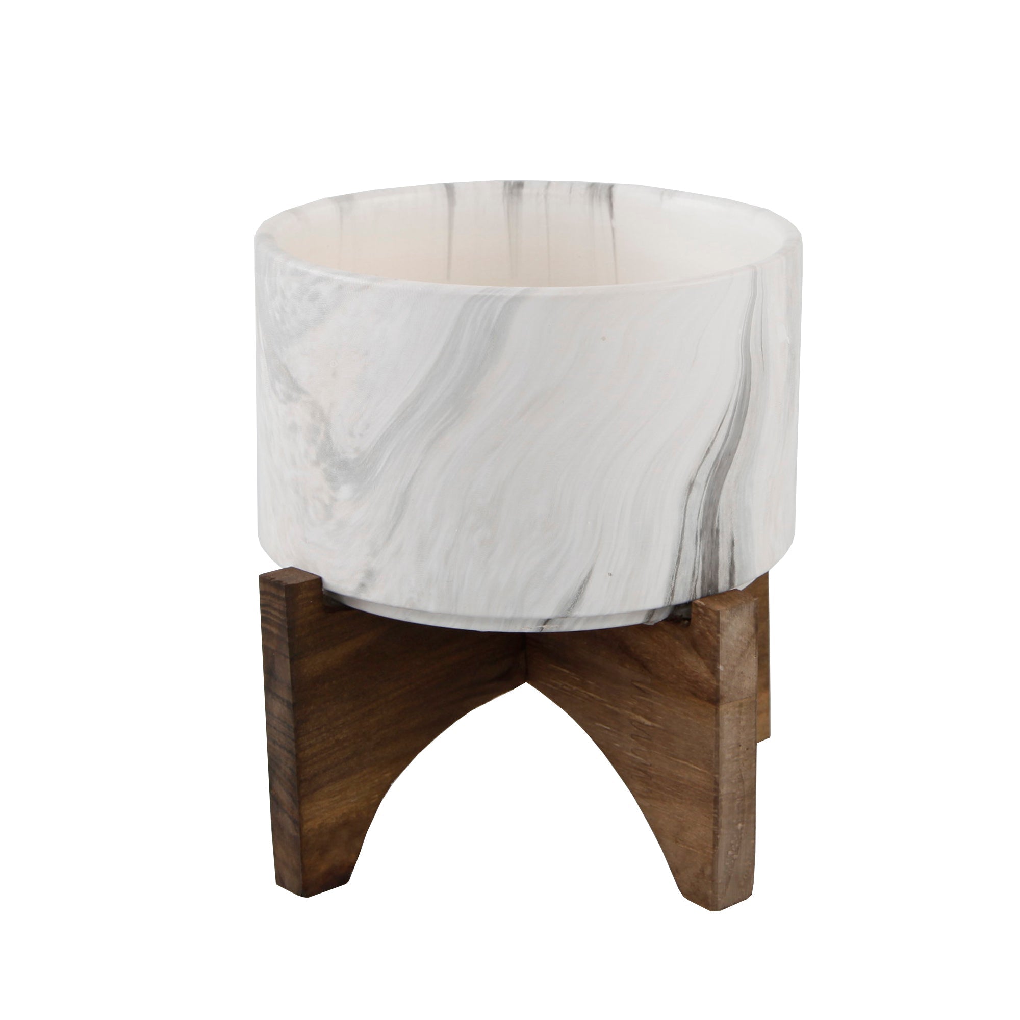  Flora Bunda Smoky Marble Finish Ceramic Bowl On Wood Stand - Marble - Bonton