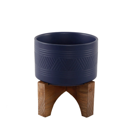 Navy Basket Weave Patterned Ceramic Planter On Wood Stand