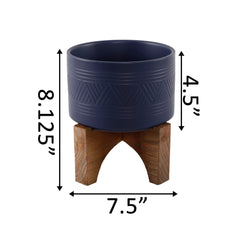 Navy Basket Weave Patterned Ceramic Planter On Wood Stand