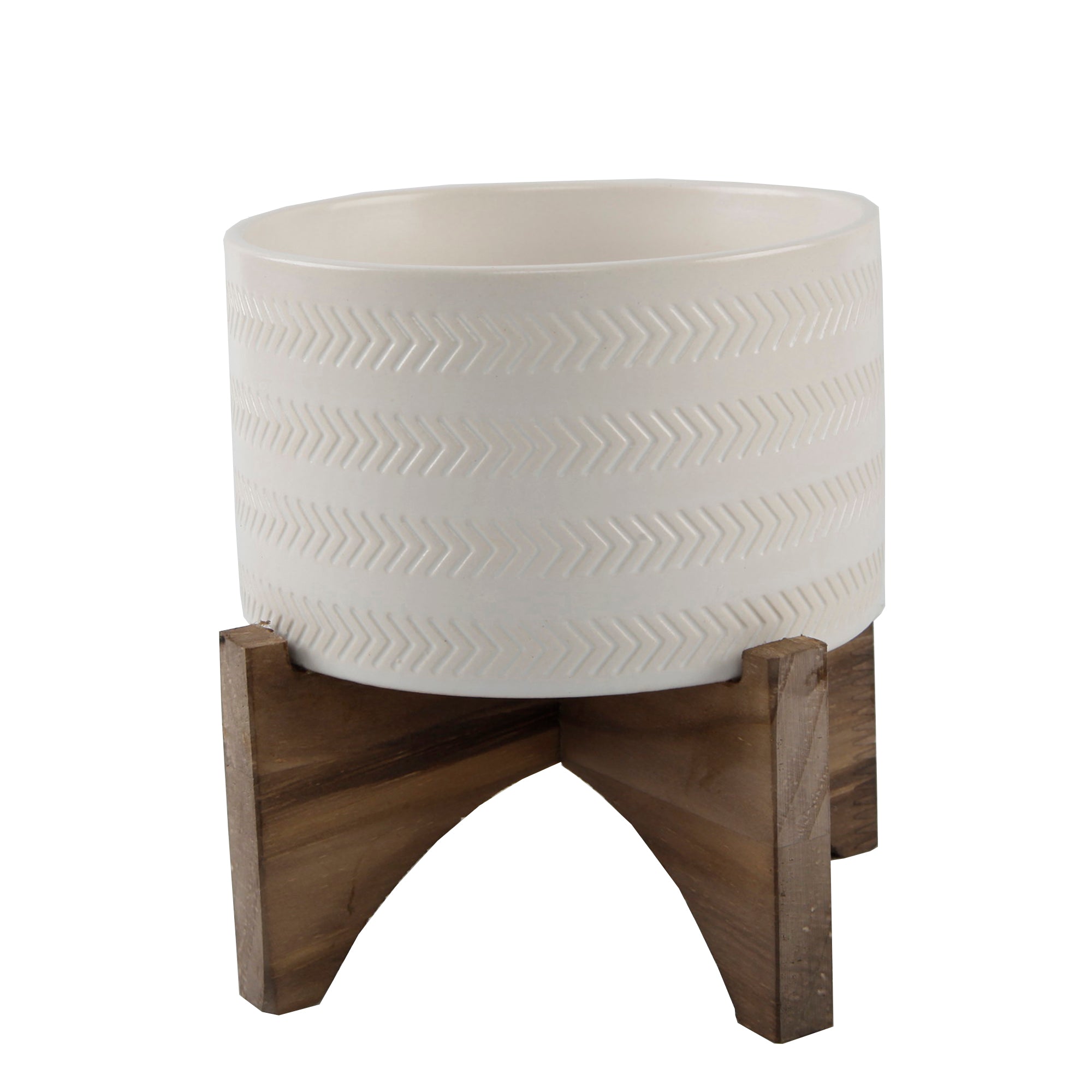  Flora Bunda Warm White Arrow Embossed Ceramic Planter On Wood Stand - Matte White - Bonton