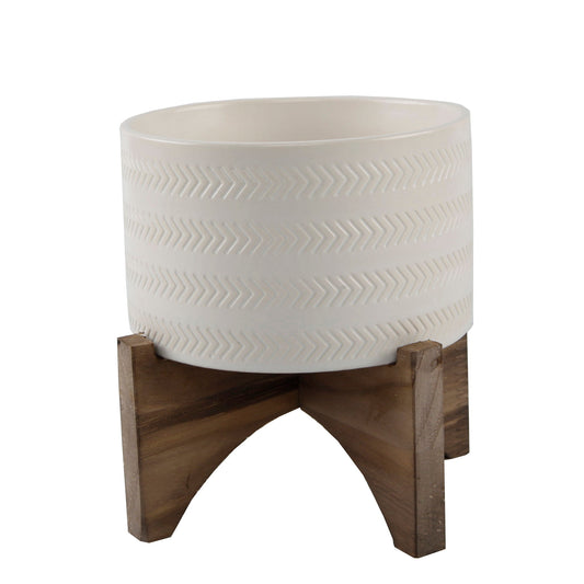 Warm White Arrow Embossed Ceramic Planter On Wood Stand