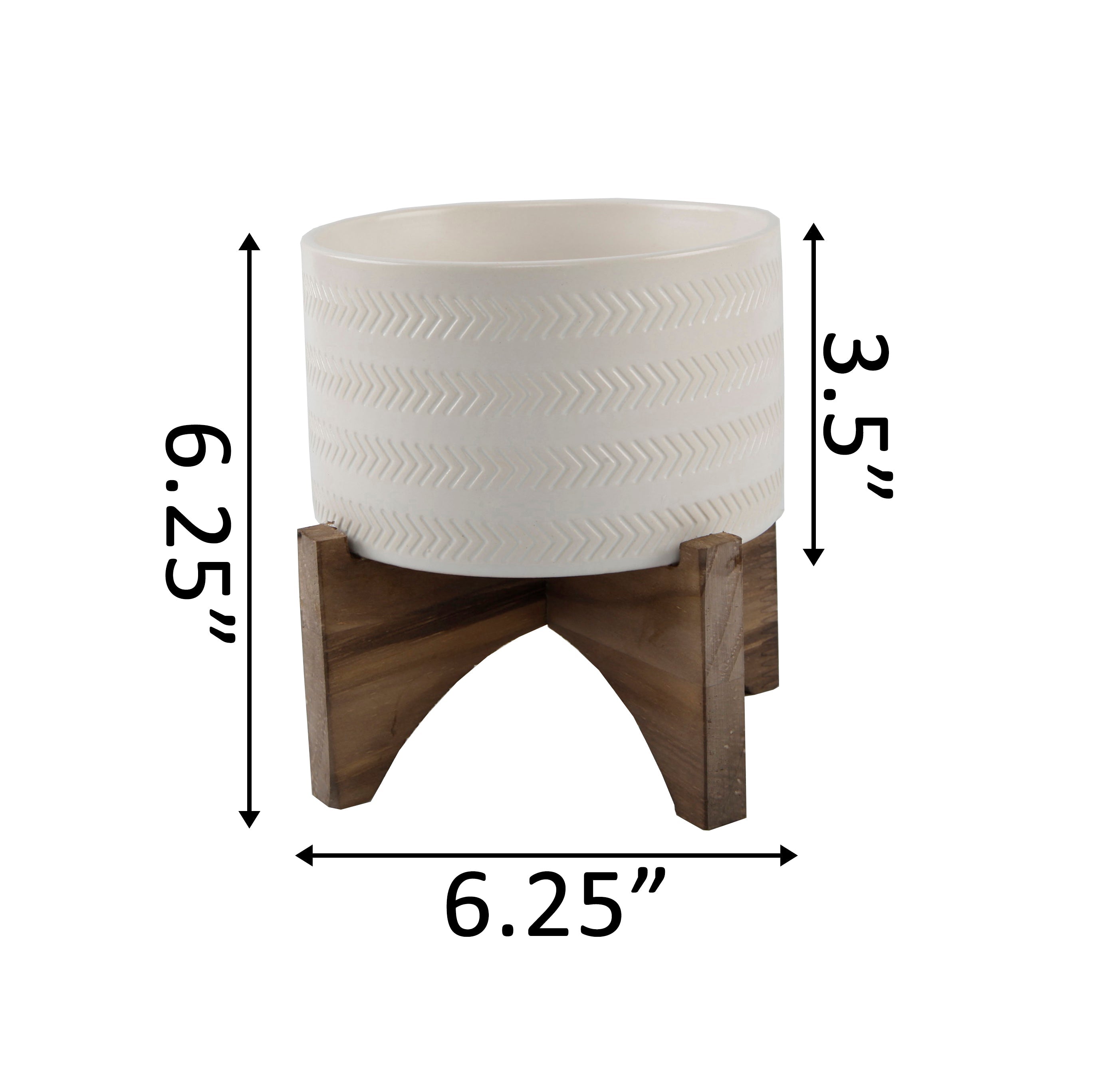  Flora Bunda Warm White Arrow Embossed Ceramic Planter On Wood Stand - Matte White - Bonton