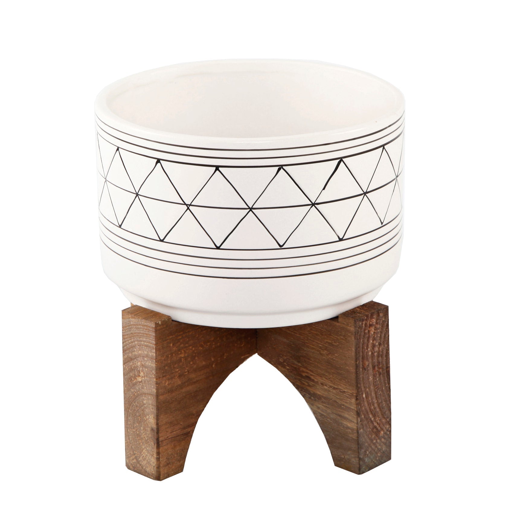  Flora Bunda White with Black Line Art Ceramic Pot On Wood Stand - White/Black - Bonton