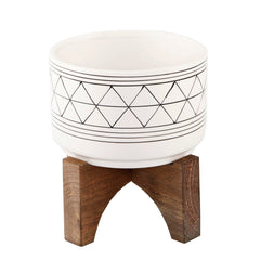 White with Black Line Art Ceramic Pot On Wood Stand