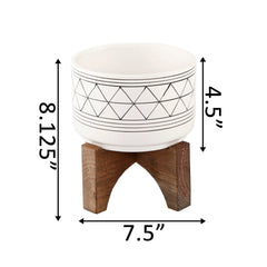 White with Black Line Art Ceramic Pot On Wood Stand