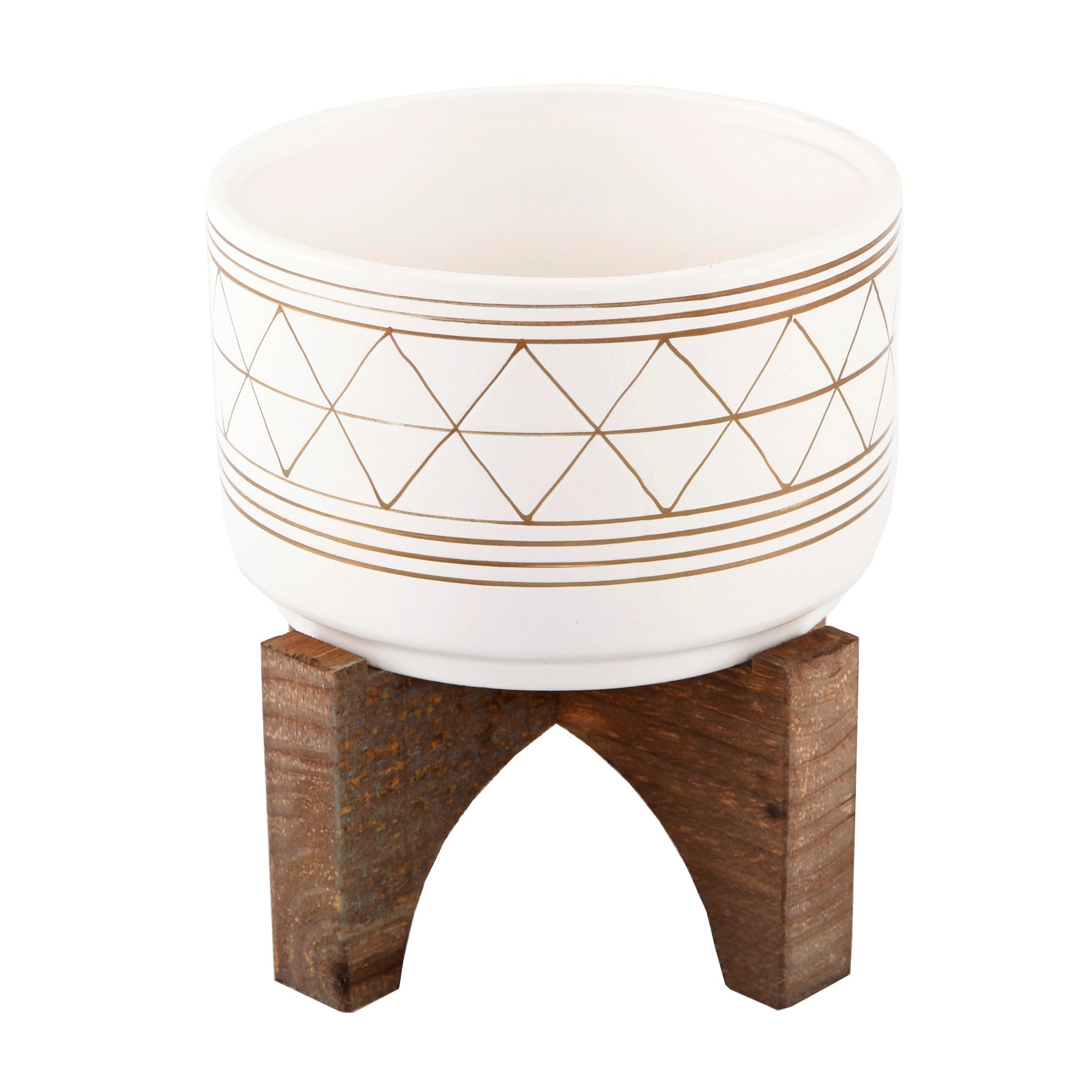  Flora Bunda White with Gold Line Art Ceramic Pot On Wood Stand - White/Gold - Bonton