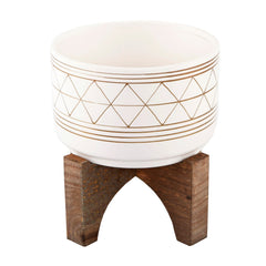 White with Gold Line Art Ceramic Pot On Wood Stand