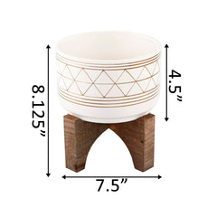 White with Gold Line Art Ceramic Pot On Wood Stand