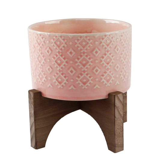 Coral Pink Embossed Ceramic Planter On Wood Stand