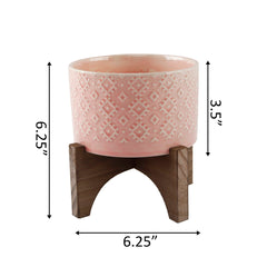 Coral Pink Embossed Ceramic Planter On Wood Stand