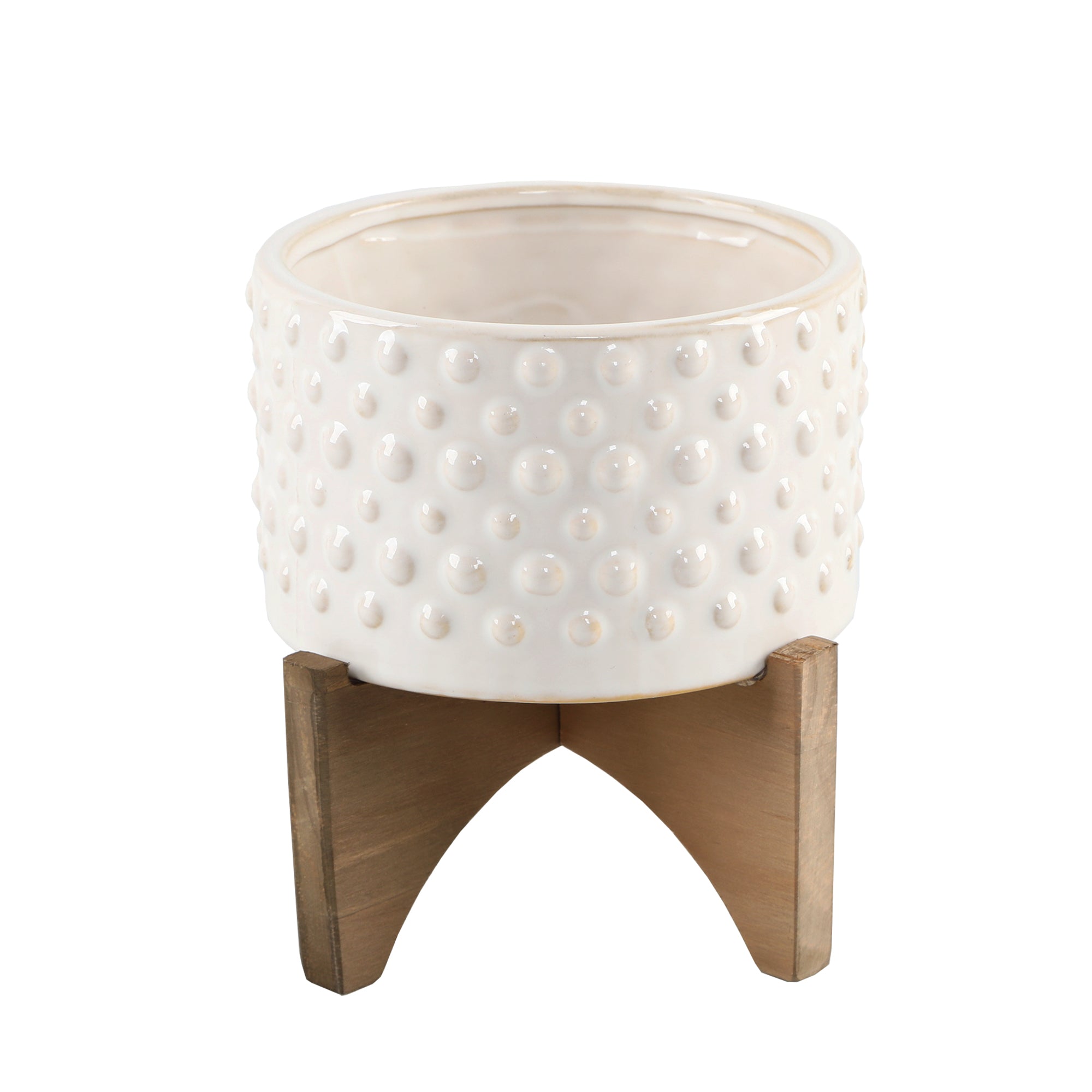  Flora Bunda Ivory Hobnail Embossed Ceramic Planter On Wood Stand - White - Bonton