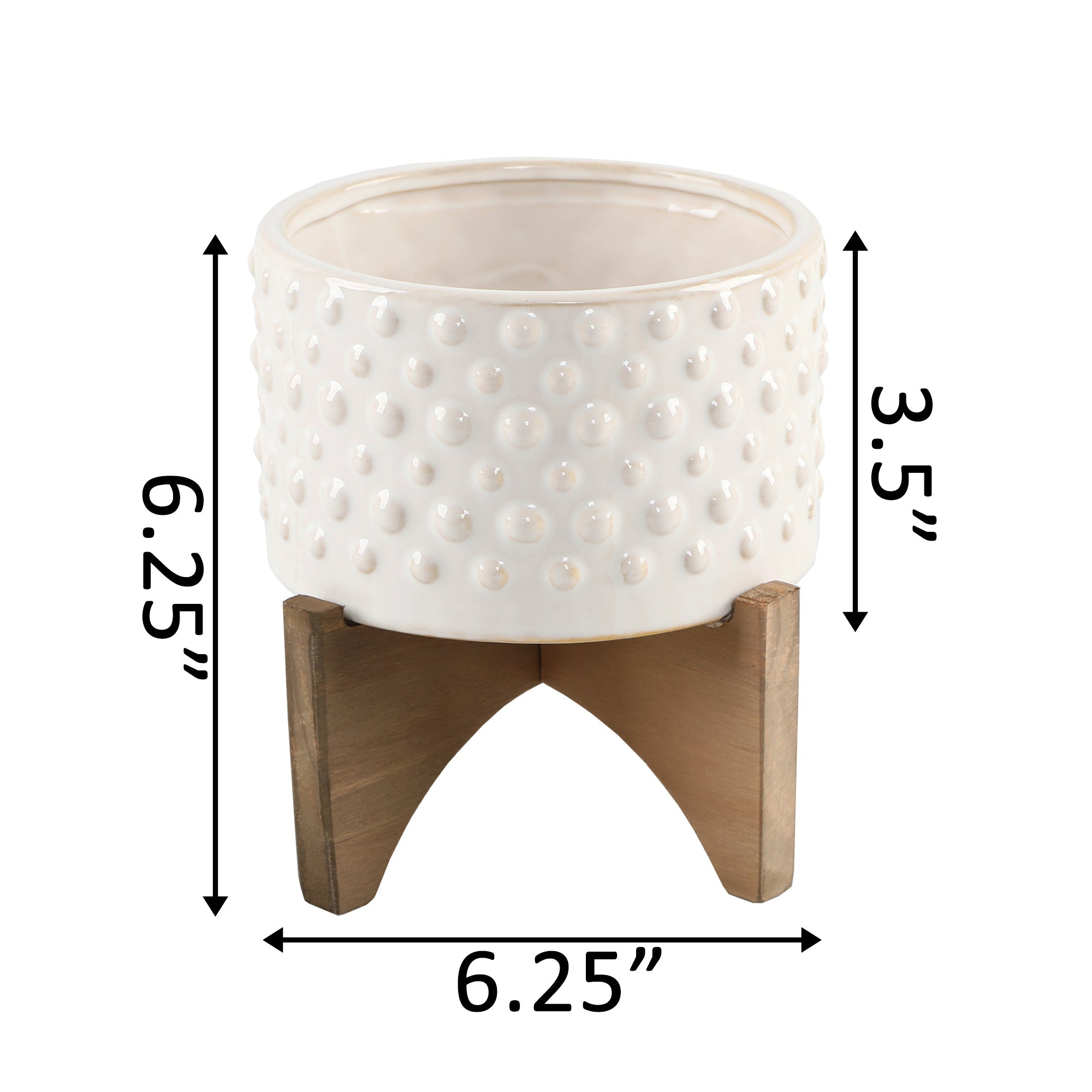  Flora Bunda Ivory Hobnail Embossed Ceramic Planter On Wood Stand - White - Bonton