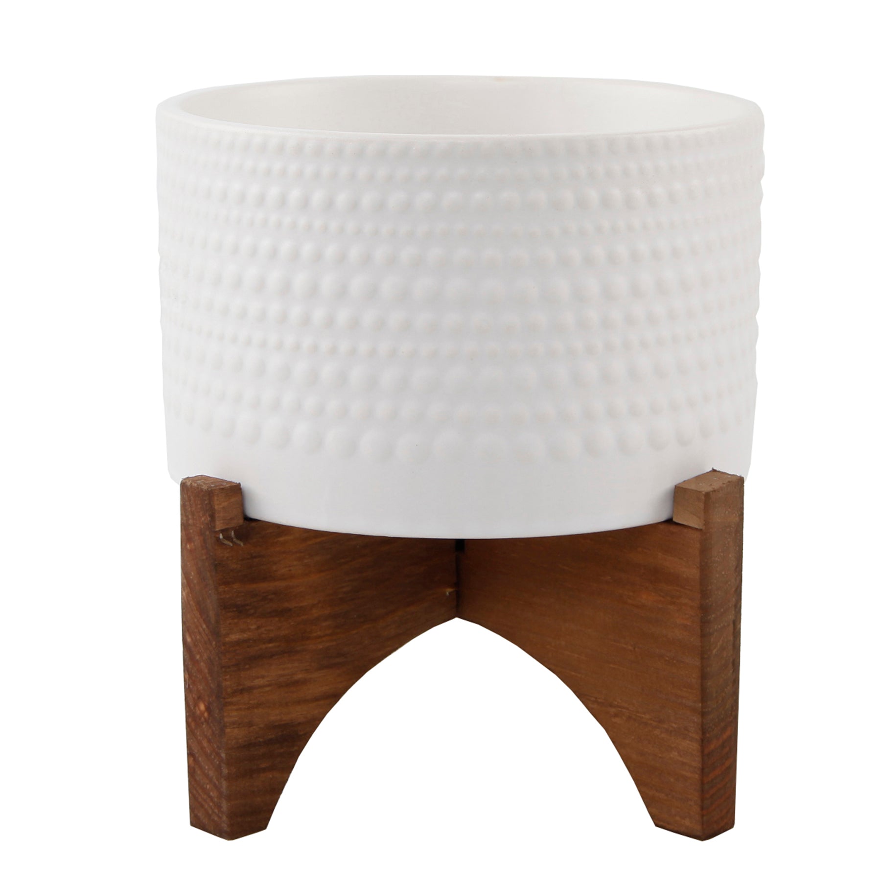  Flora Bunda Matte White Hobnail Pattern Planter On Wood Stand - Matte White - Bonton