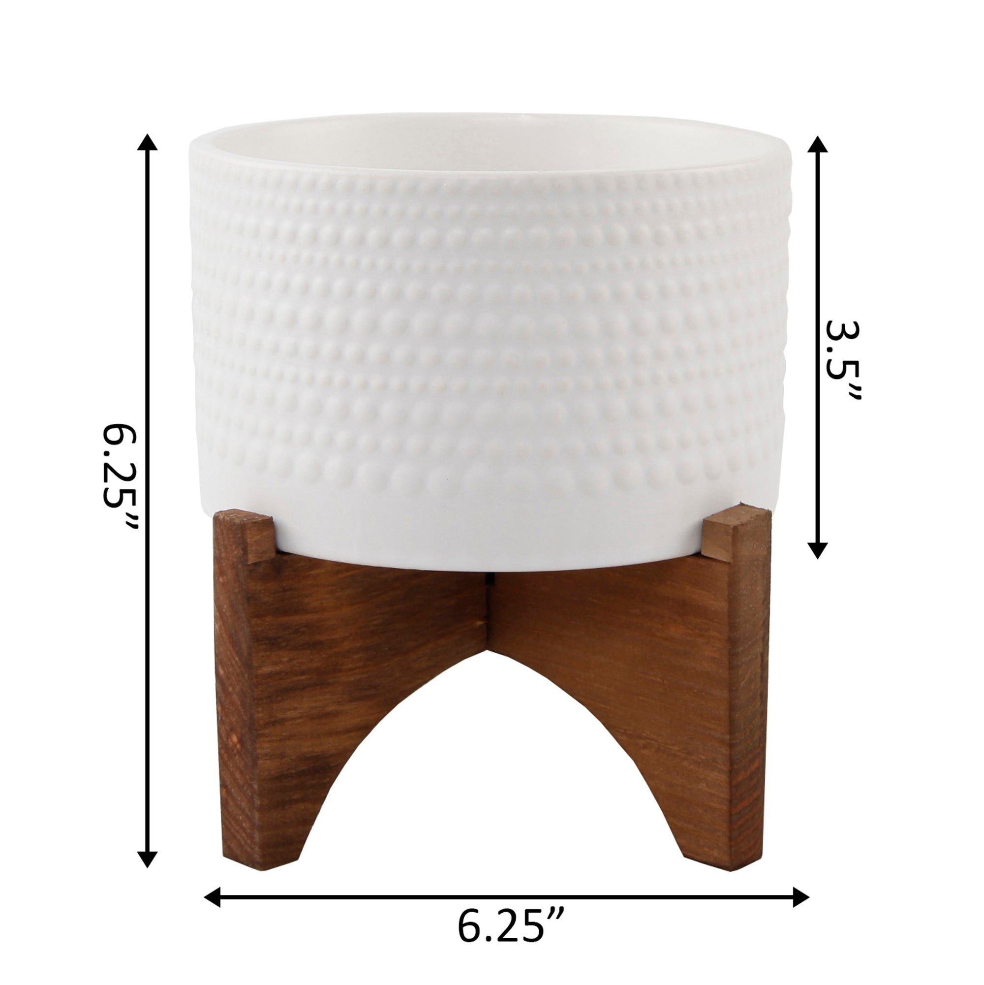  Flora Bunda Matte White Hobnail Pattern Planter On Wood Stand - Matte White - Bonton