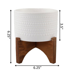 Matte White Hobnail Pattern Planter On Wood Stand