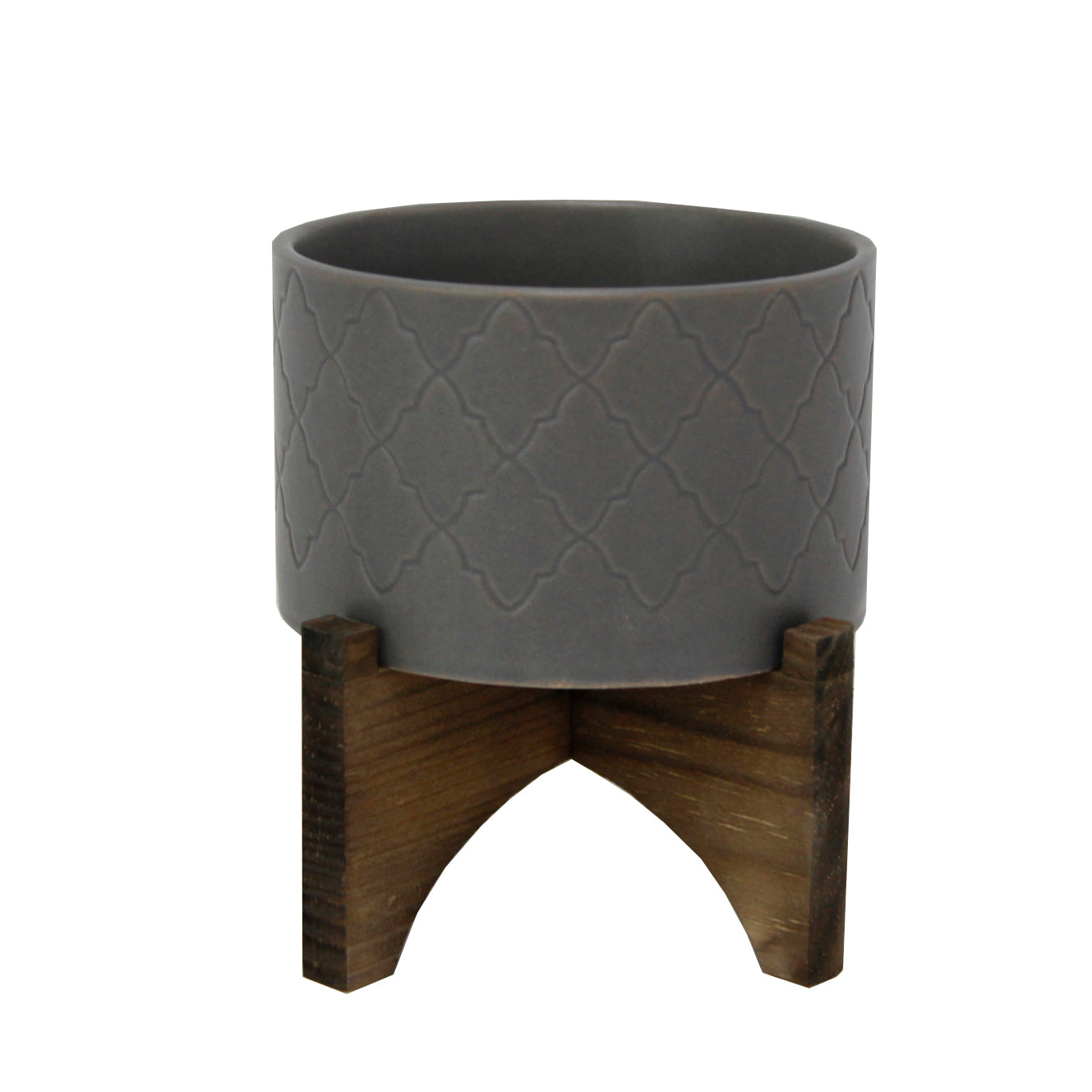  Flora Bunda Grey Argyle Pattern Planter On Wood Stand - Matte Gray - Bonton