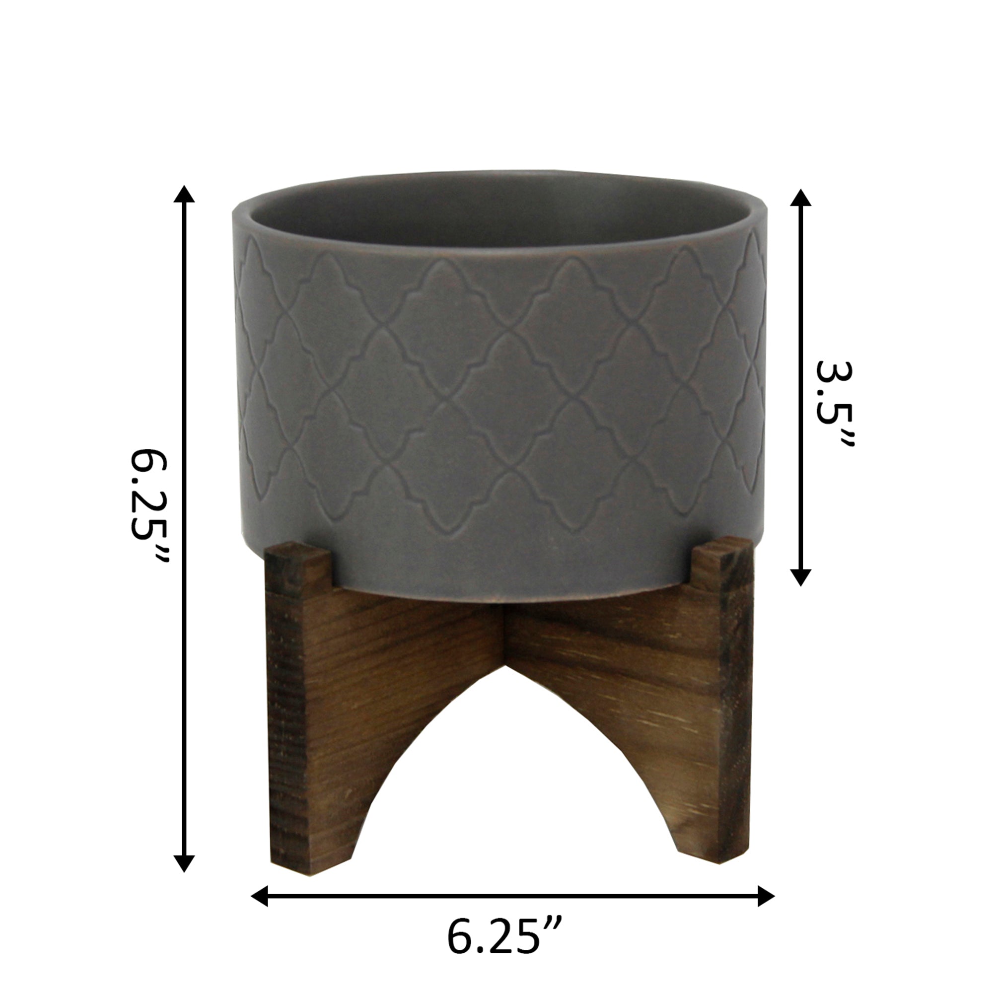  Flora Bunda Grey Argyle Pattern Planter On Wood Stand - Matte Gray - Bonton