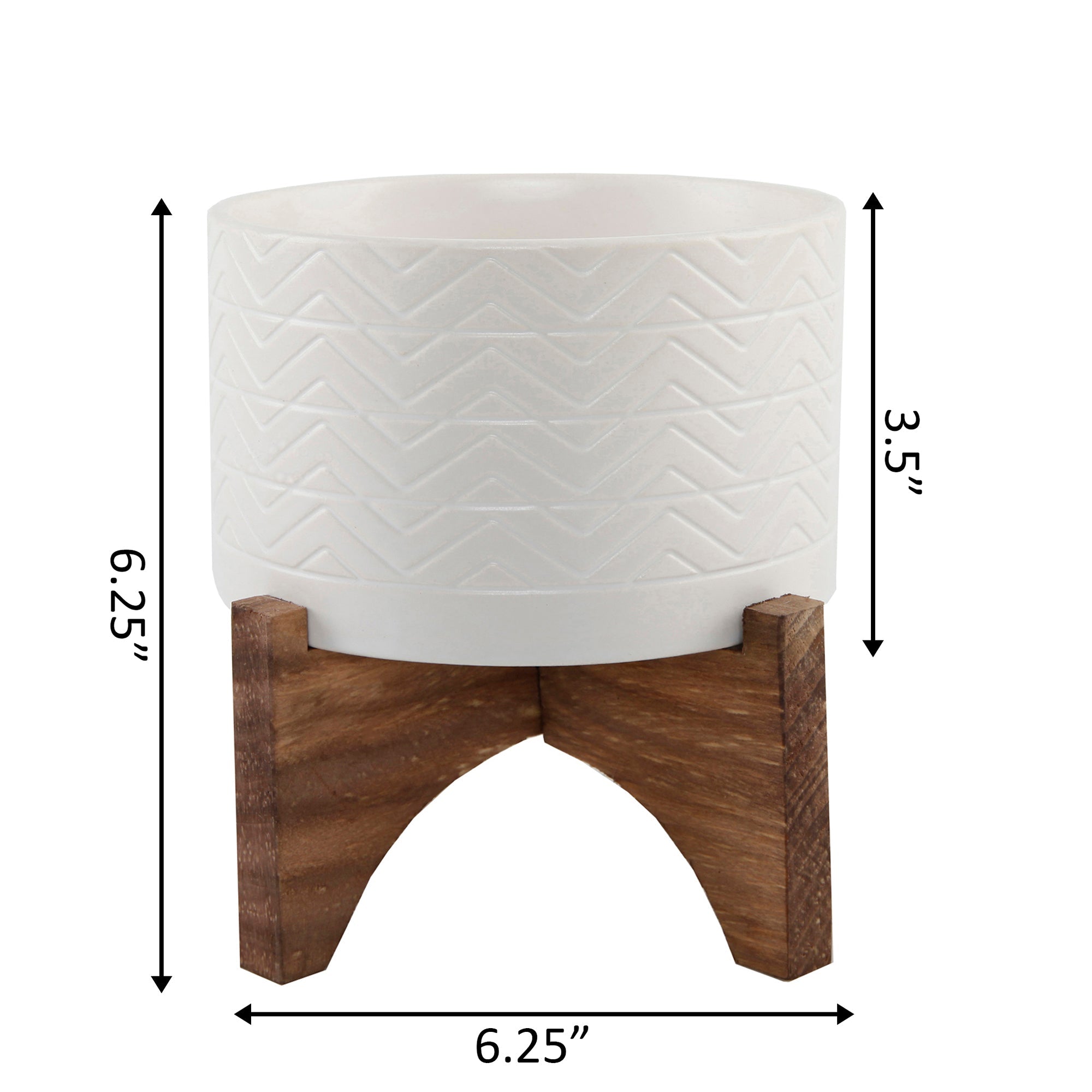  Flora Bunda White Herringbone Ceramic Planter On Wood Stand - Matte White - Bonton