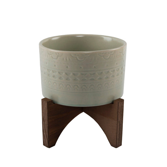 Sage Eclectic Patterned Ceramic Planter On Wood Stand