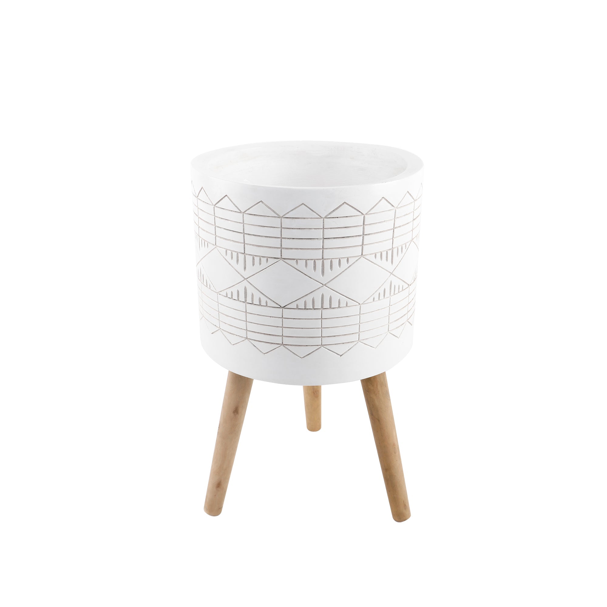  Flora Bunda White Fiberglass Planter with Mirrored Line Pattern - White - Bonton