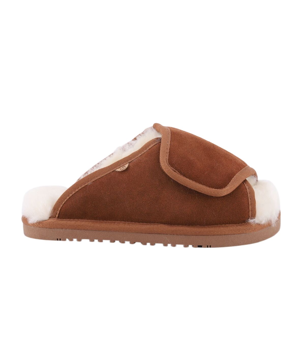 Wide Ladies Open Toe slide wrap with 100% sheepskin lining Chestnut