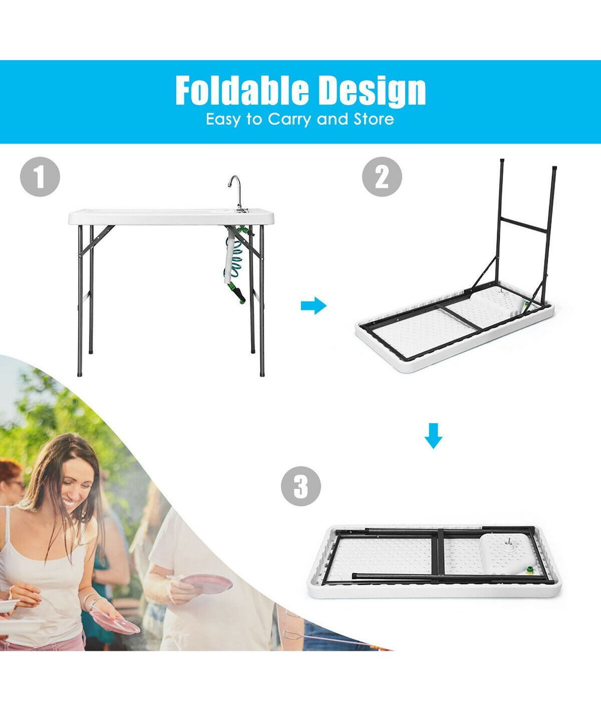 Folding Fish Table & Hunting Clean Cutting Camping Sink Faucet With Sprayer White