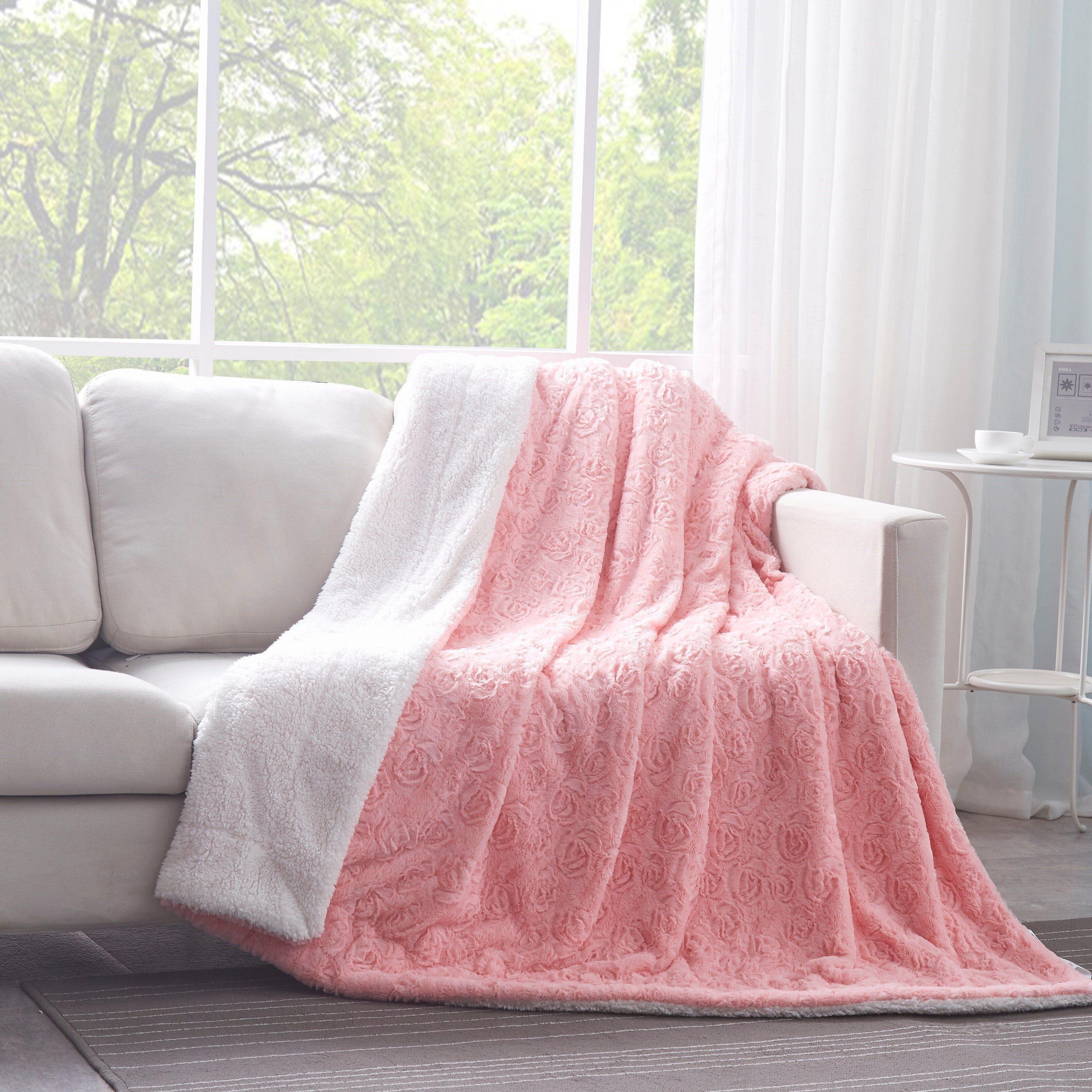  DaDa Bedding Collection DaDa Bedding Luxury Blossom Pink Rose Buds Pink Sherpa Backside Faux Fur Throw Blanket (BL-171752) by DaDa Bedding Collection - 50